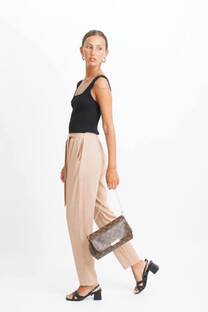 Pantalon babucha de lino elastizado con lazo y bolsillos - 