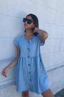 Vestido rayon denim abotonado con frunce y bolsillos - 