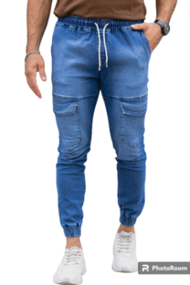 PANTALON JOGGER CARGO DELANTERO JEANS ELASTIZADO AZUL - 