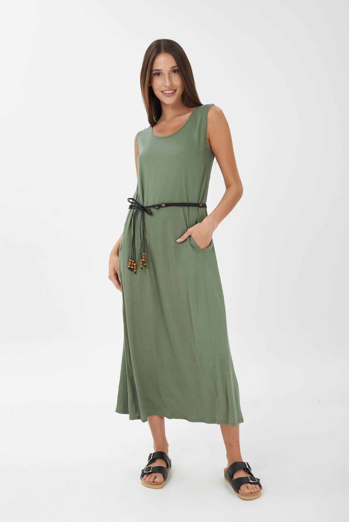 Vestido lino largo con cinturón aberturas para mujer verde y crudo