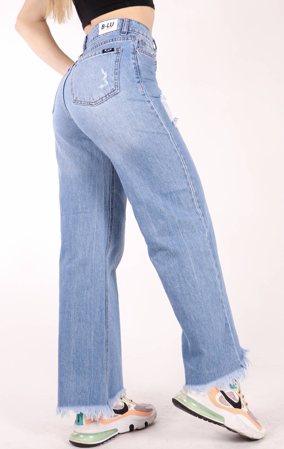 Imagen carrousel Jeans. Wide leg rígido azul localizado ruedo normal con roturas 1